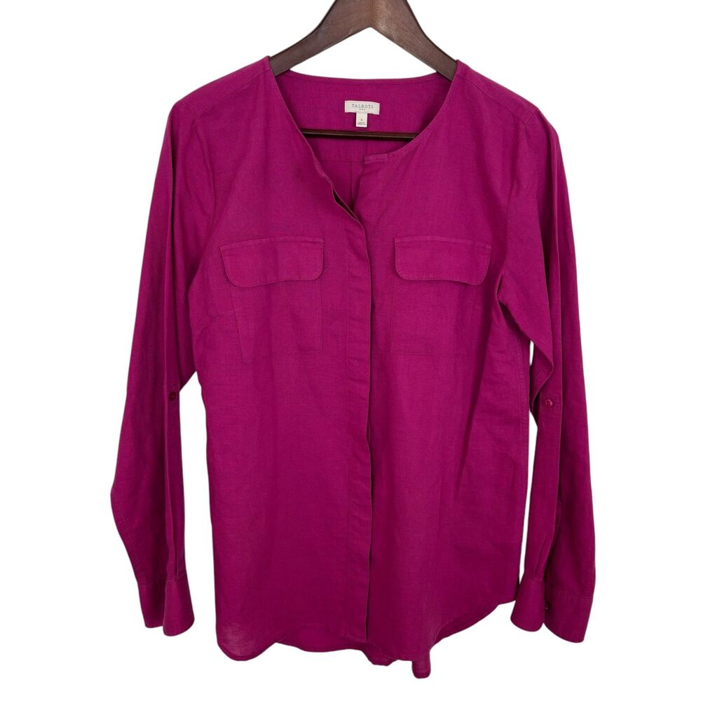 Talbots Pink Magenta Collarless Button Down Shirt Linen Blend Women’s Small